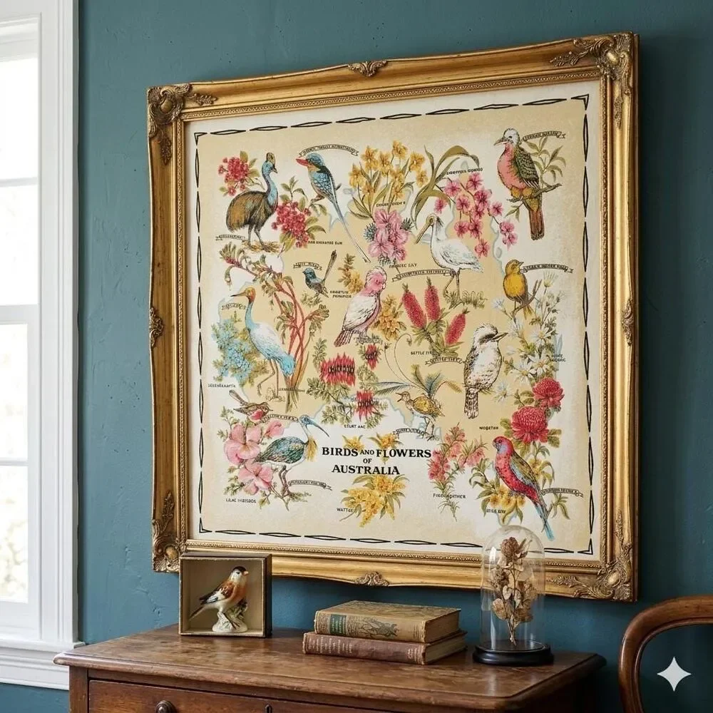 Vintage Australian Bird Tablecloth | Floral Table Linens | Card Table Cover
